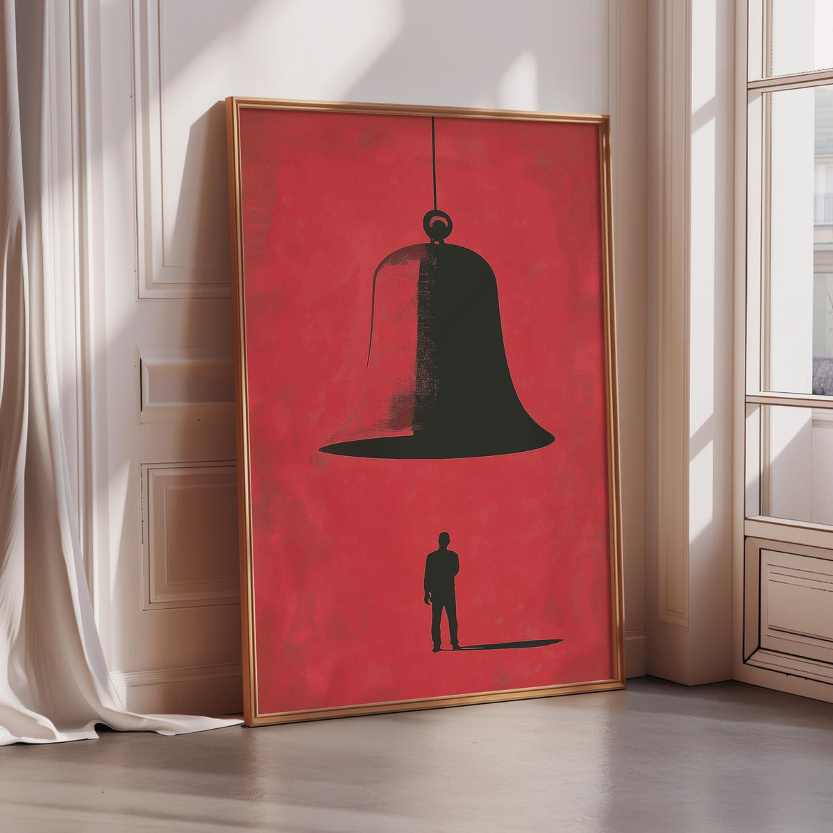 a large, bold red poster with a black silhouette of a person standing in front of a large bell.