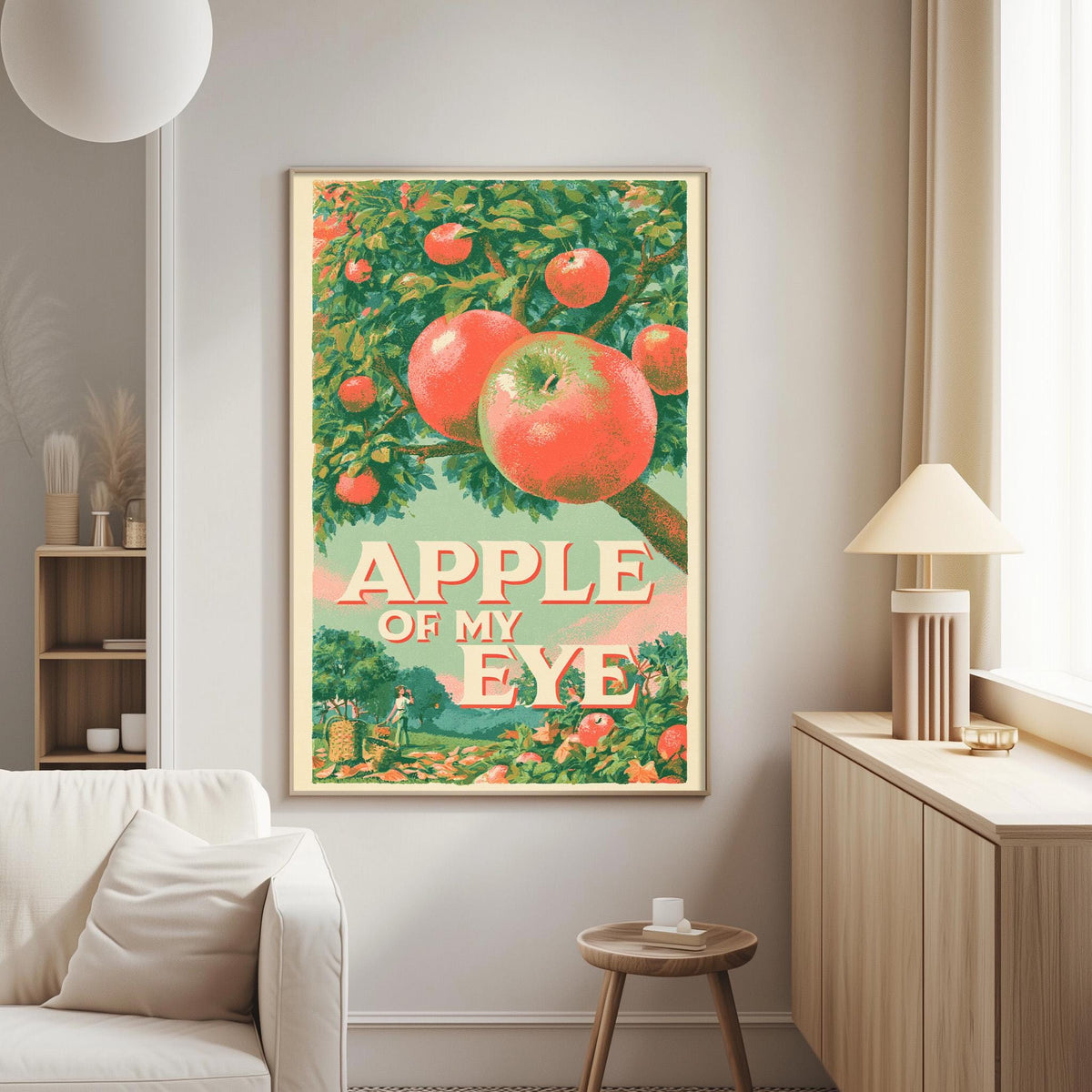 a large framed poster of an apple tree with apples hanging from it, hanging on a wall in a living room.