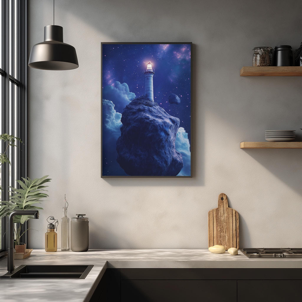 a large, colorful painting of a lighthouse on a rocky cliff, hanging on a wall above a kitchen counter.