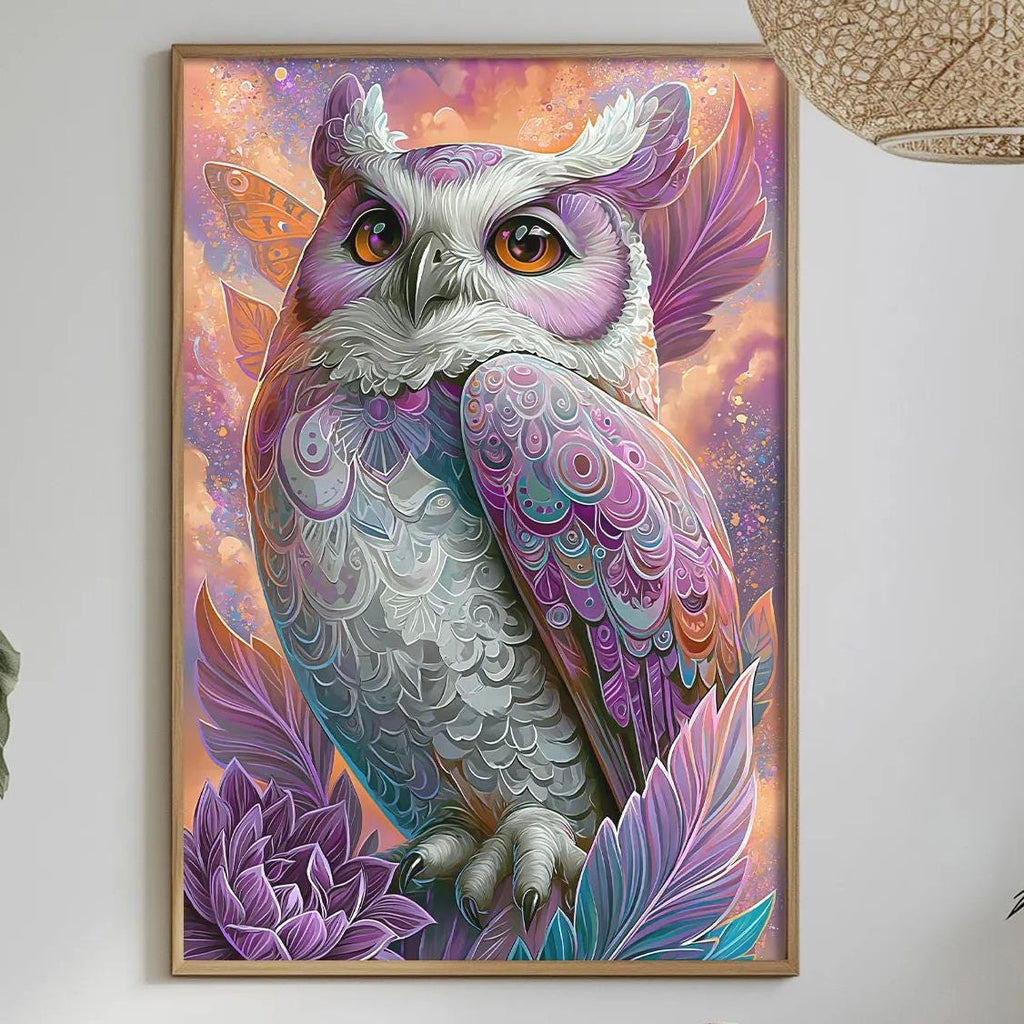 a vibrant and colorful painting of an owl, hanging on a wall above a dining table. The table is set with various items, including a vase, a bowl, and a bottle, creating a cozy and inviting atmosphere.
