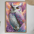 a vibrant and colorful painting of an owl, hanging on a wall above a dining table. The table is set with various items, including a vase, a bowl, and a bottle, creating a cozy and inviting atmosphere.