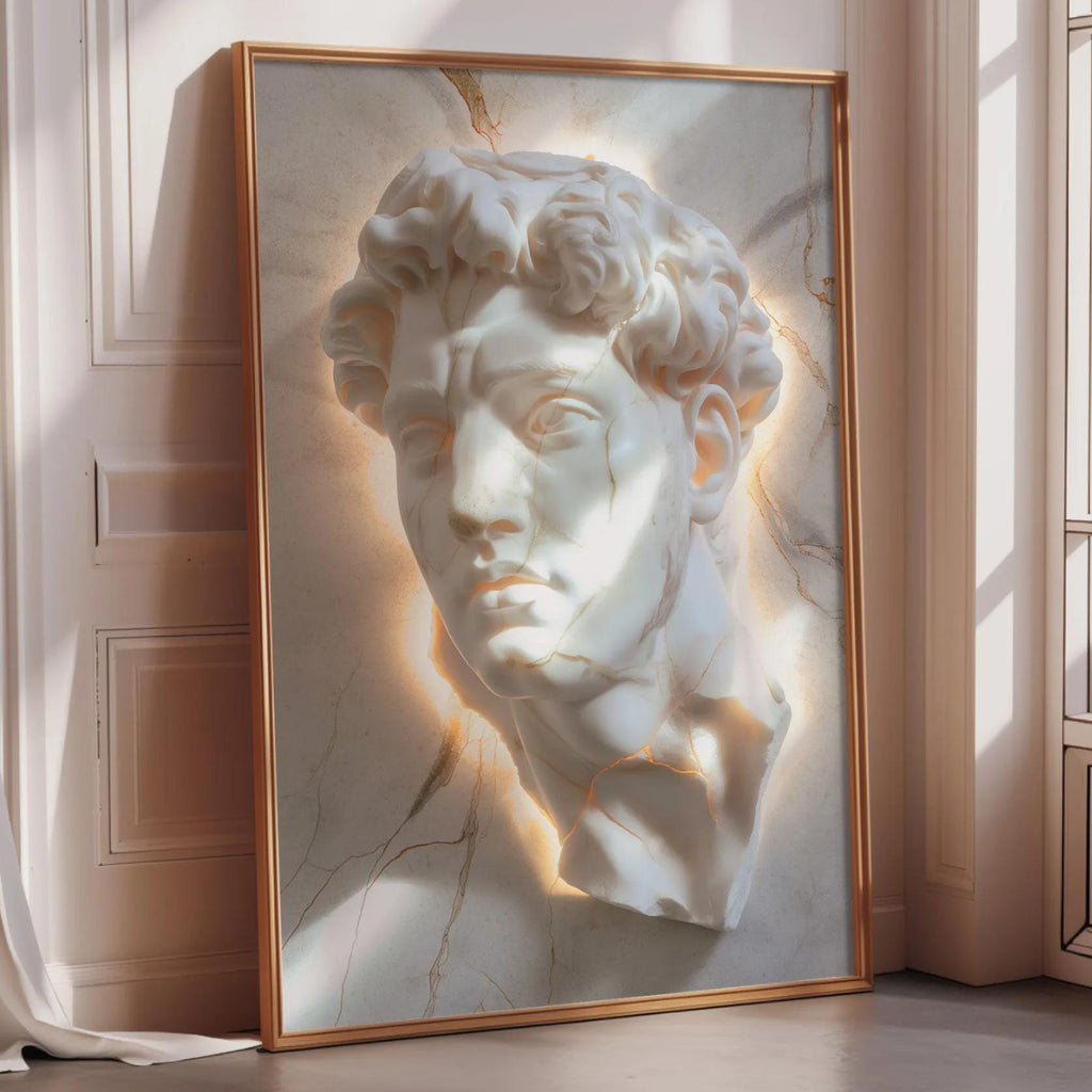 a large, ornate, and intricately carved marble bust of a man, displayed in a gold frame on a wall.