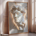 a large, ornate, and intricately carved marble bust of a man, displayed in a gold frame on a wall.