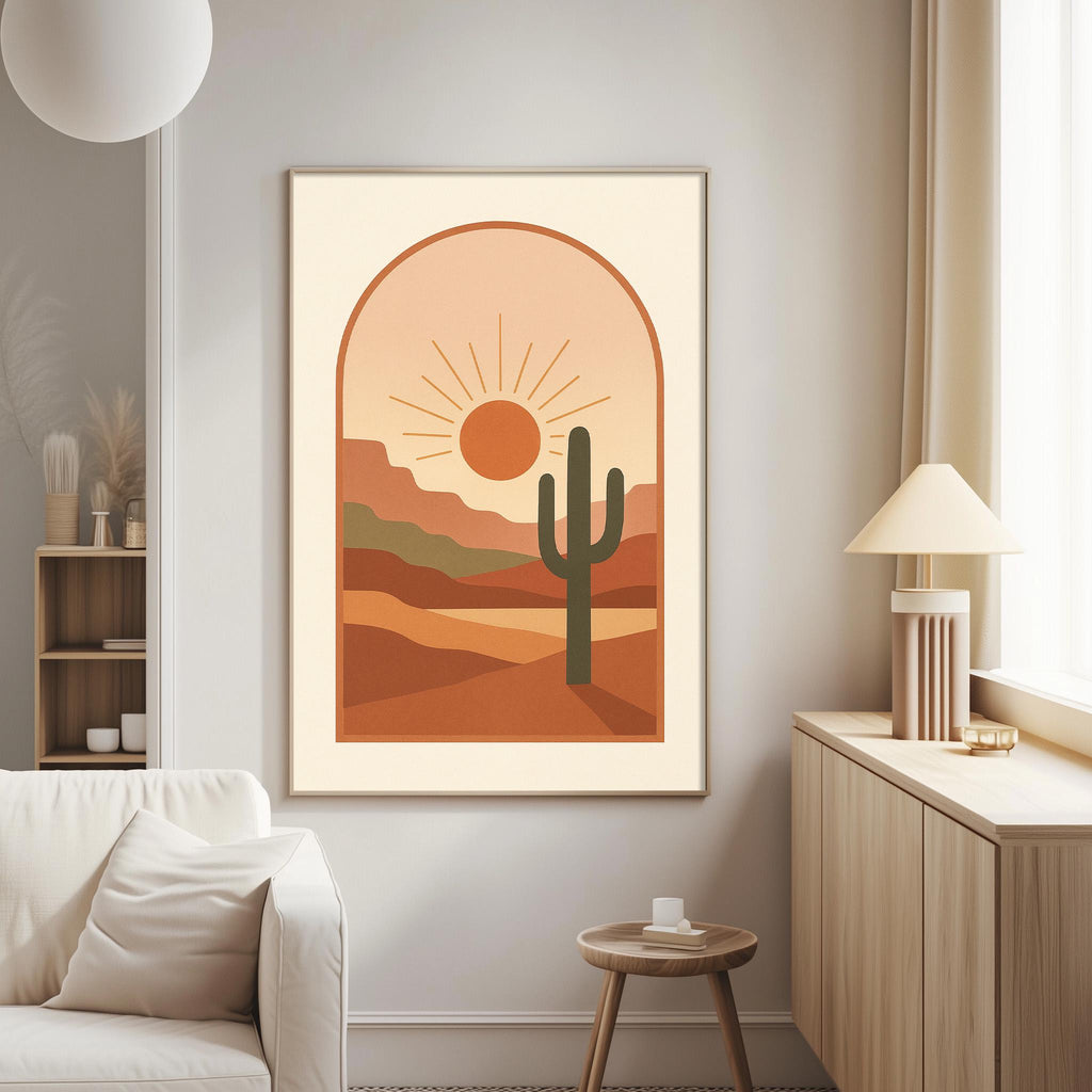 a living room with a large framed print of a desert landscape hanging on the wall, depicting a cactus and a sun-filled sky.