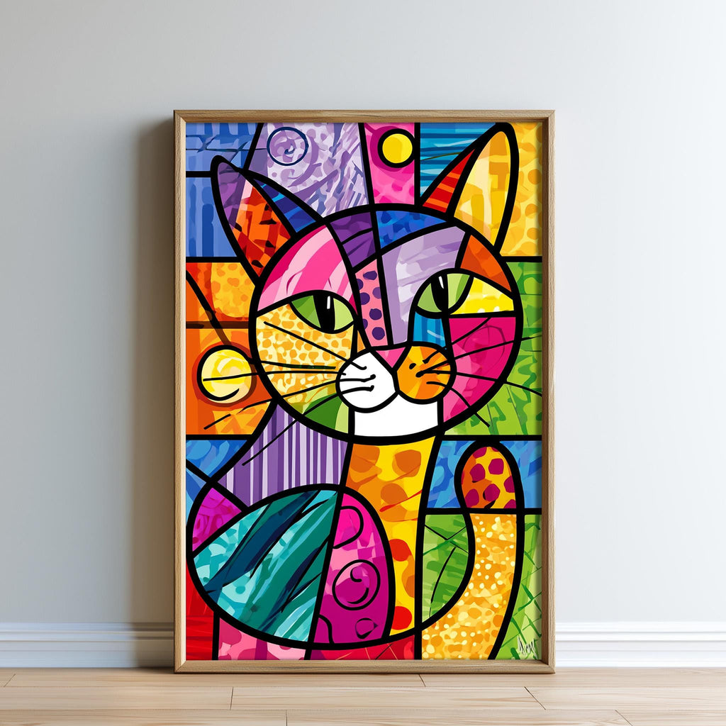 The image is a vibrant, abstract painting of a cat, featuring bold colors and geometric shapes.