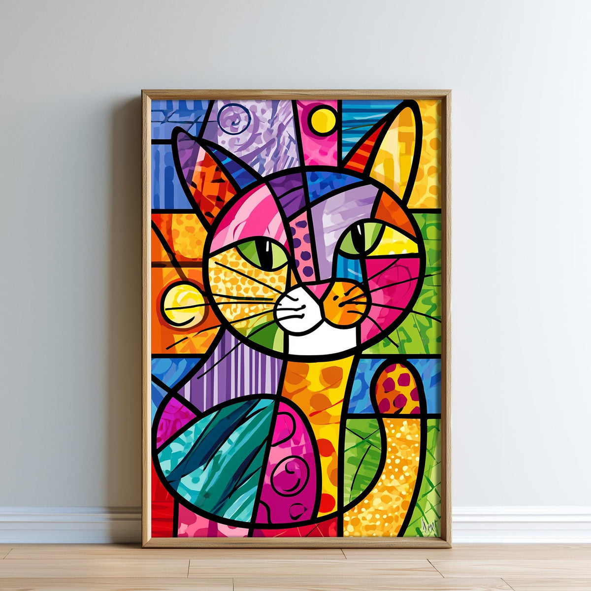 The image is a vibrant, abstract painting of a cat, featuring bold colors and geometric shapes.