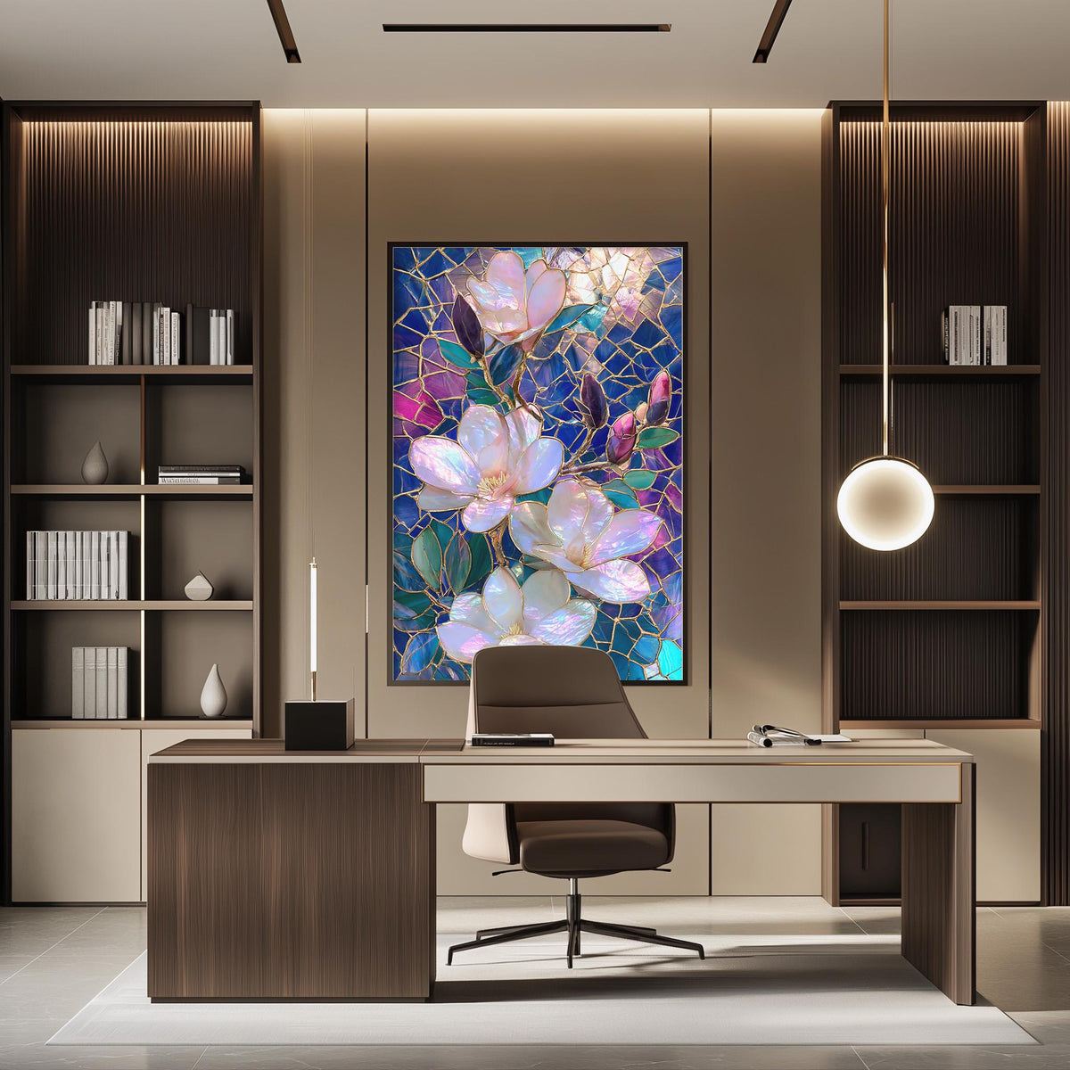 a modern and stylish office space with a large framed artwork of colorful flowers on the wall, a wooden desk with a chair, and built-in bookshelves.