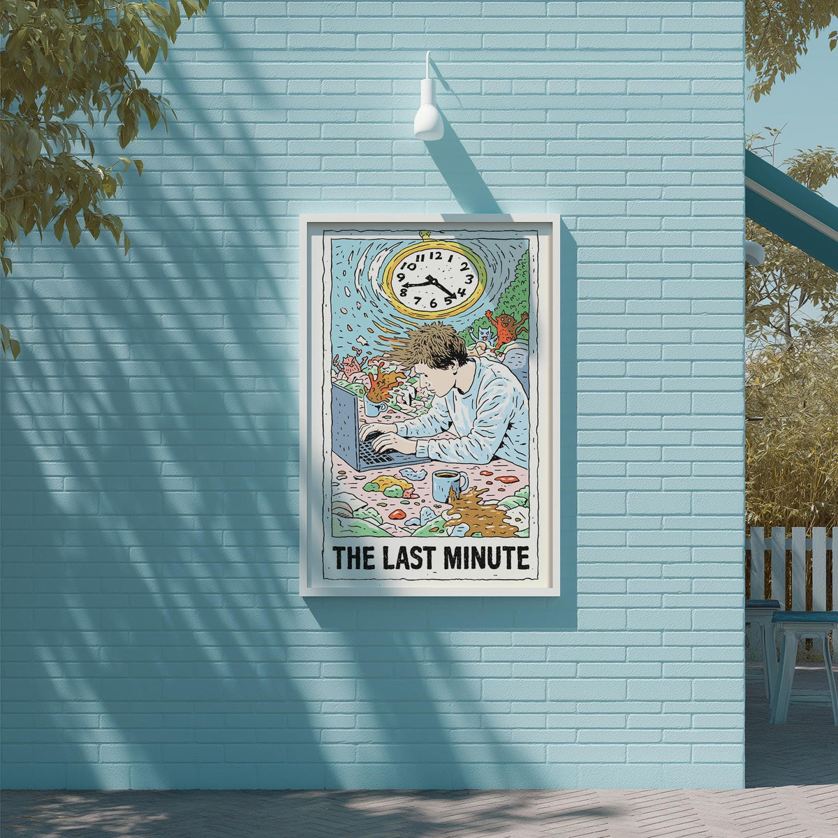 a poster with a man sitting at a computer, surrounded by various objects, including a clock and a teapot. The poster is mounted on a blue wall, and the text "THE LAST MINUTE" is displayed below the illustration.