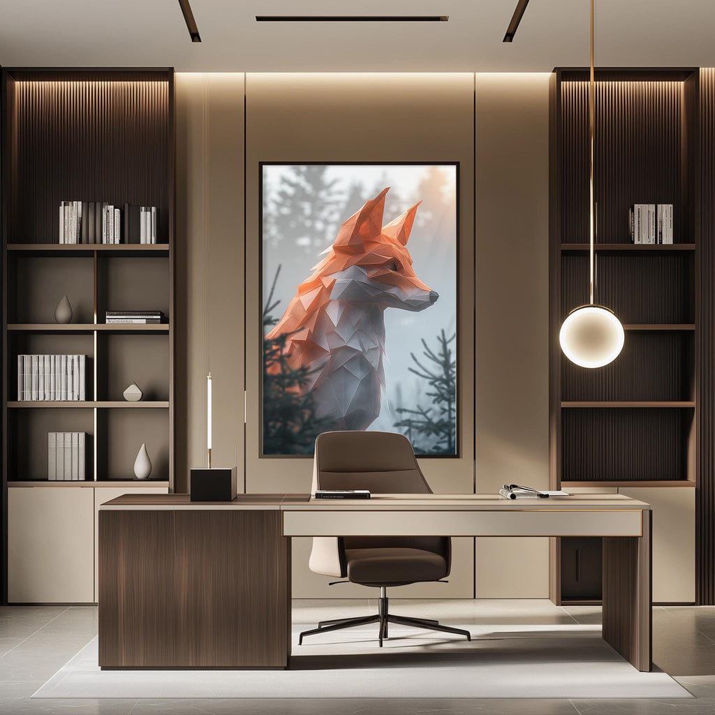 a modern office space with a large abstract painting of a fox on the wall. The office has a wooden desk, a chair, and a bookshelf. The overall design and decor create a professional and stylish atmosphere.