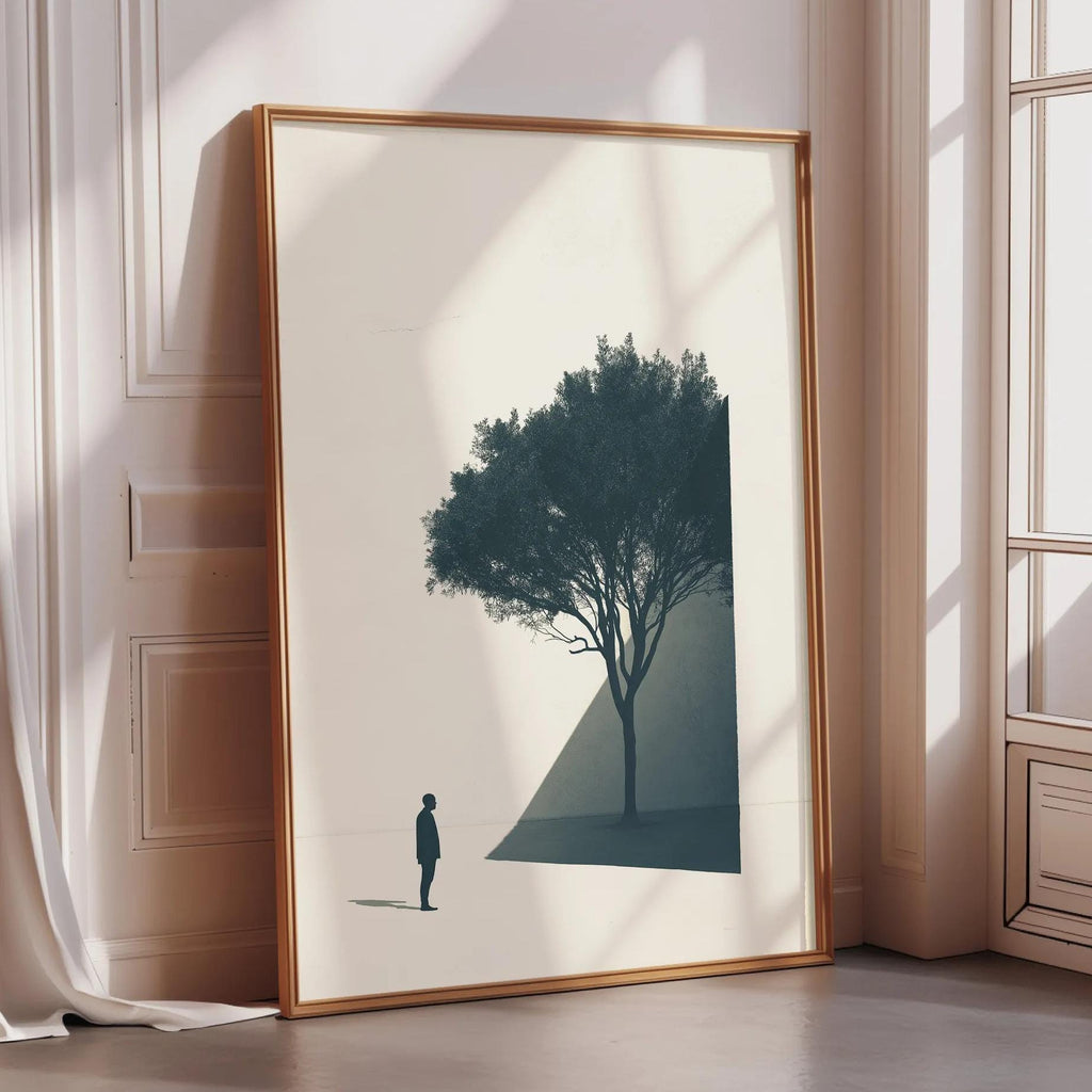 a large framed picture of a tree with a person standing in front of it, positioned in a corner of a room with a window.