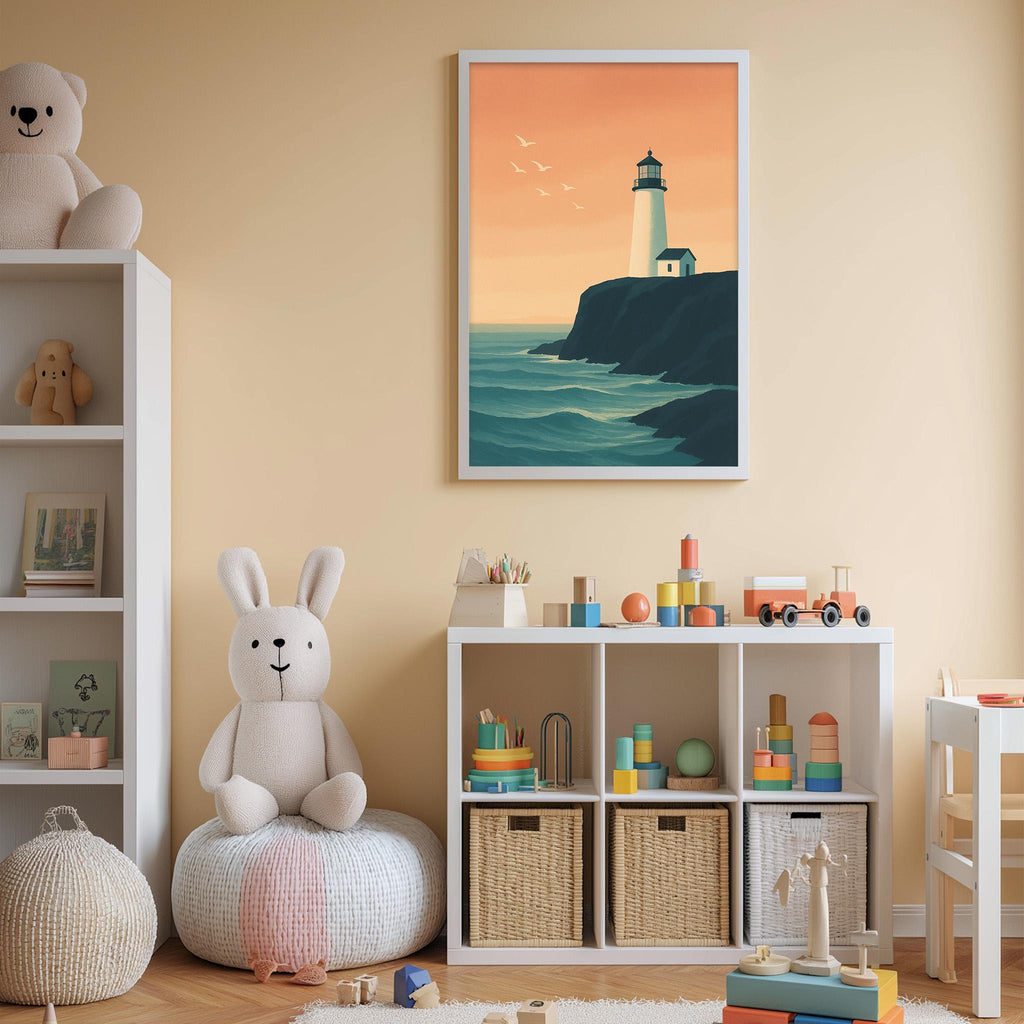 A cozy children's room with a lighthouse painting on the wall, a stuffed rabbit, a toy train, and a bookshelf filled with toys and books.