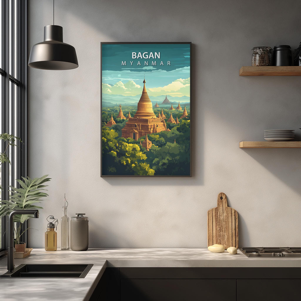 a framed poster of the Bagan temple in Myanmar, hanging on a wall in a kitchen setting.