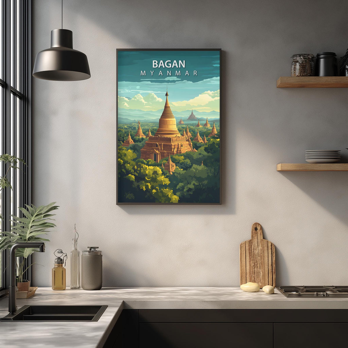 a framed poster of the Bagan temple in Myanmar, hanging on a wall in a kitchen setting.