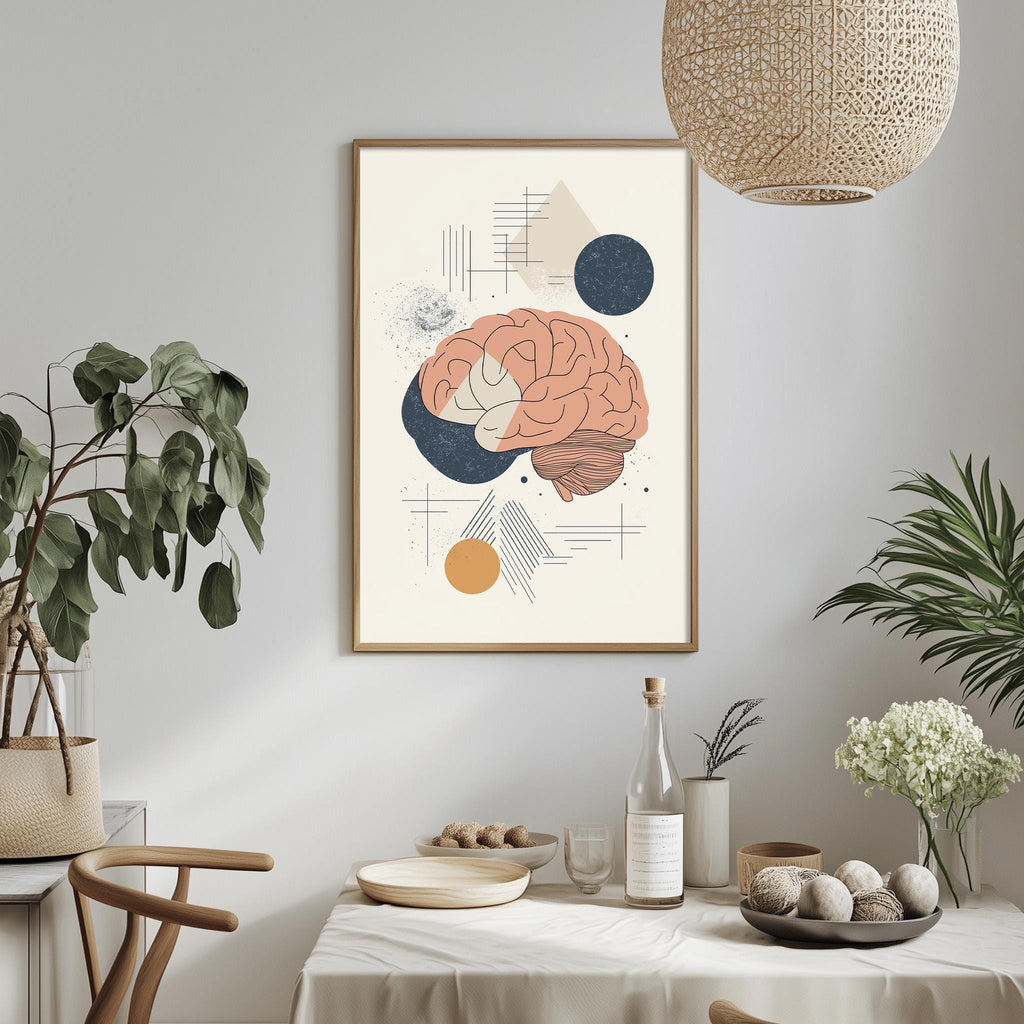 a modern and minimalist interior design with a large abstract painting of a brain as the focal point. The painting is hung on a wall above a dining table, which is set with various items such as a bowl, a bottle, and a vase. The table is surrounded by chairs, and there are potted plants and other decorative elements in the room, creating a serene and stylish atmosphere.