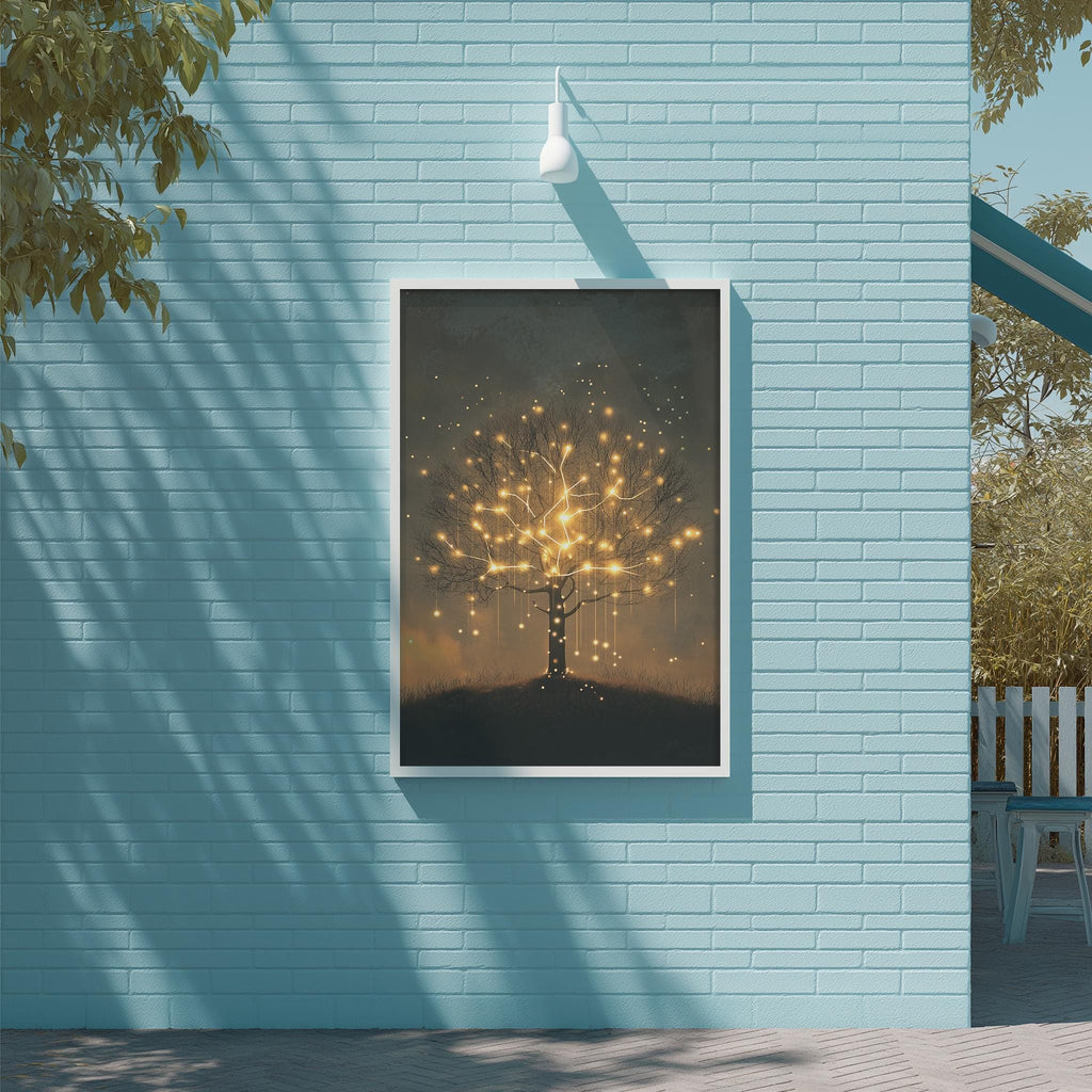 a blue brick wall with a framed painting of a tree with glowing lights on its branches, creating a warm and inviting atmosphere.
