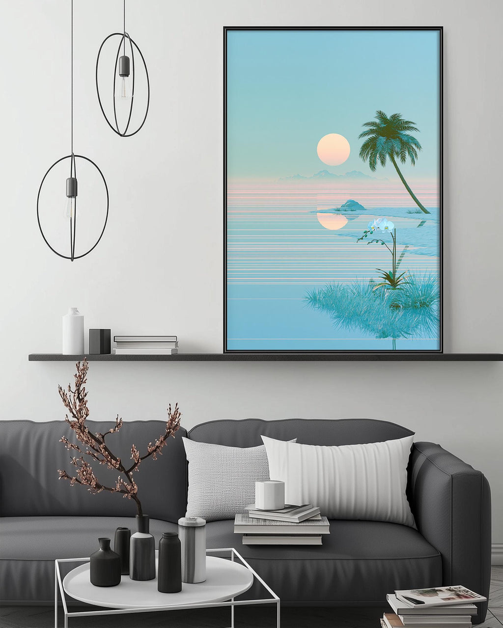 a living room with a gray sofa, a coffee table, and a large framed picture of a tropical beach scene hanging on the wall above the sofa.