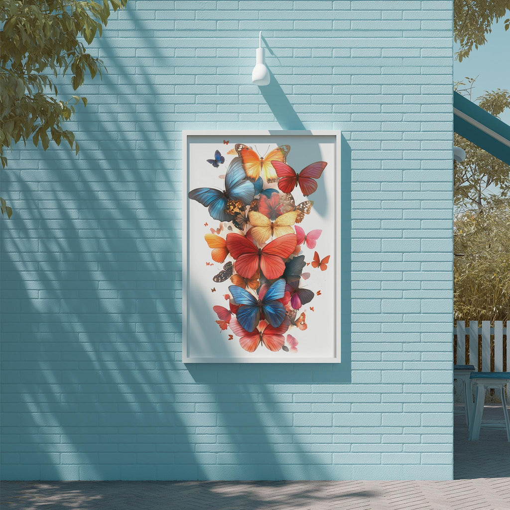 a vibrant and colorful painting of butterflies displayed on a blue wall.