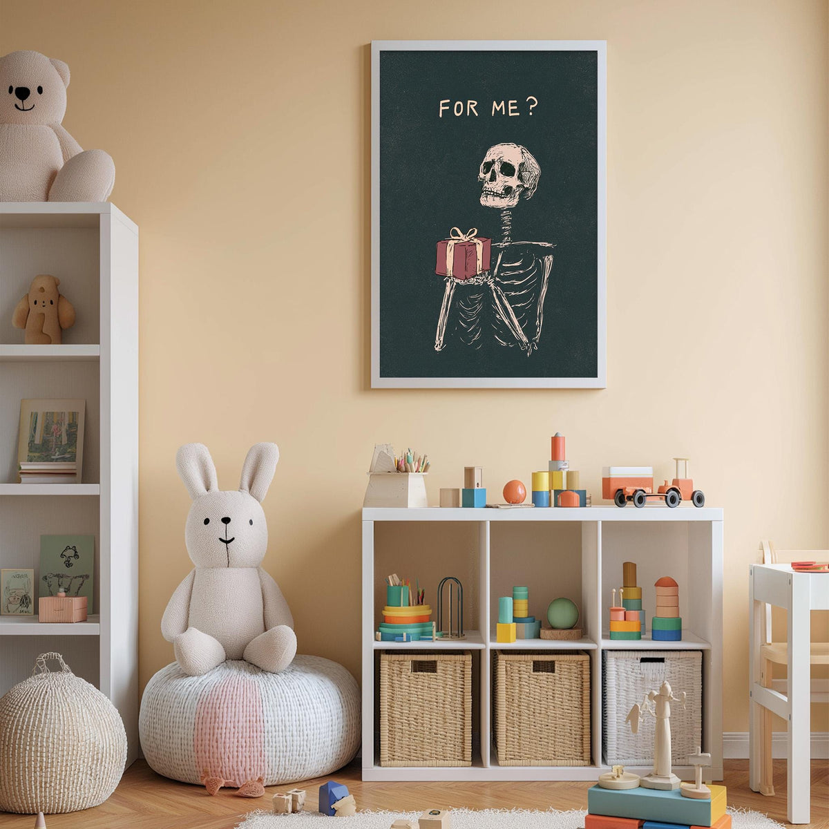 A child's bedroom with a skeleton holding a gift, a teddy bear, and a toy train set. The room has a beige color scheme and appears to be well-organized with storage bins and toys.