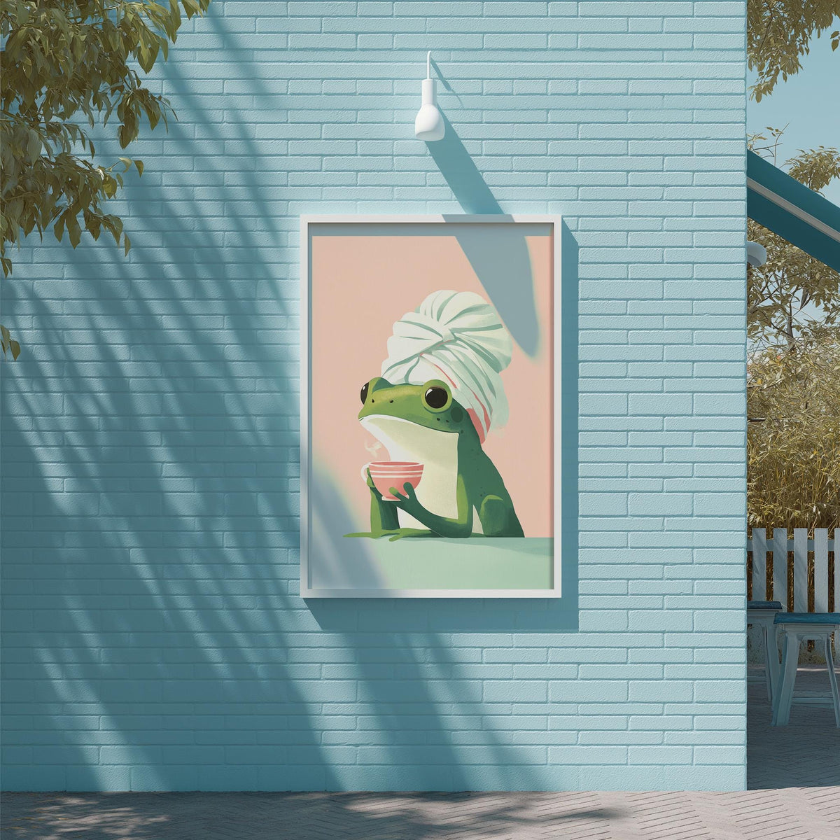 A framed illustration of a green frog wearing a white towel and holding a bowl of food, set against a blue brick wall.