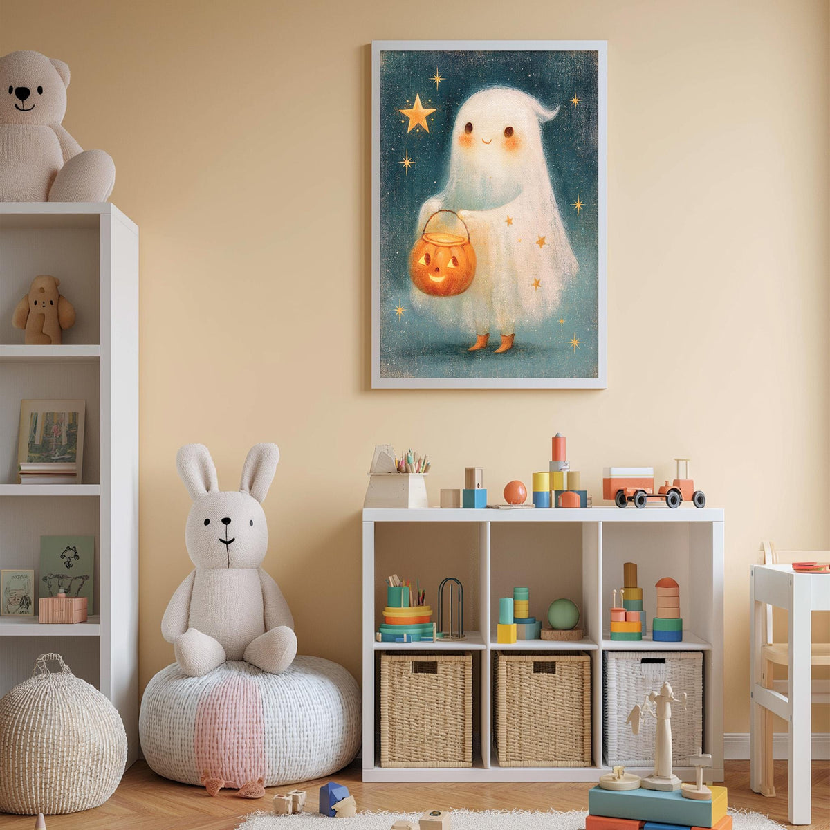 A cozy children's bedroom with a white bookshelf, a plush bunny, a stuffed ghost, and a pumpkin-themed artwork on the wall.