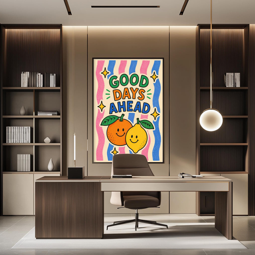 a modern office space with a large framed poster on the wall that says "GOOD DAYS AHEAD" with an illustration of an orange and a lemon. The office has a wooden desk, a chair, and a bookshelf filled with books.