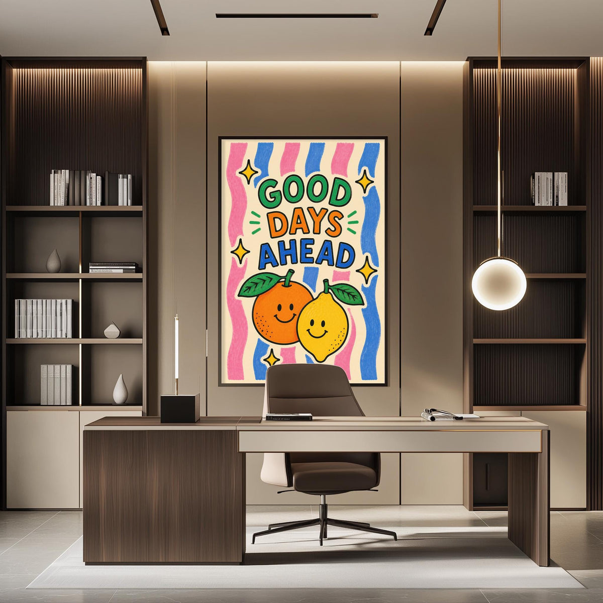 a modern office space with a large framed poster on the wall that says "GOOD DAYS AHEAD" with an illustration of an orange and a lemon. The office has a wooden desk, a chair, and a bookshelf filled with books.