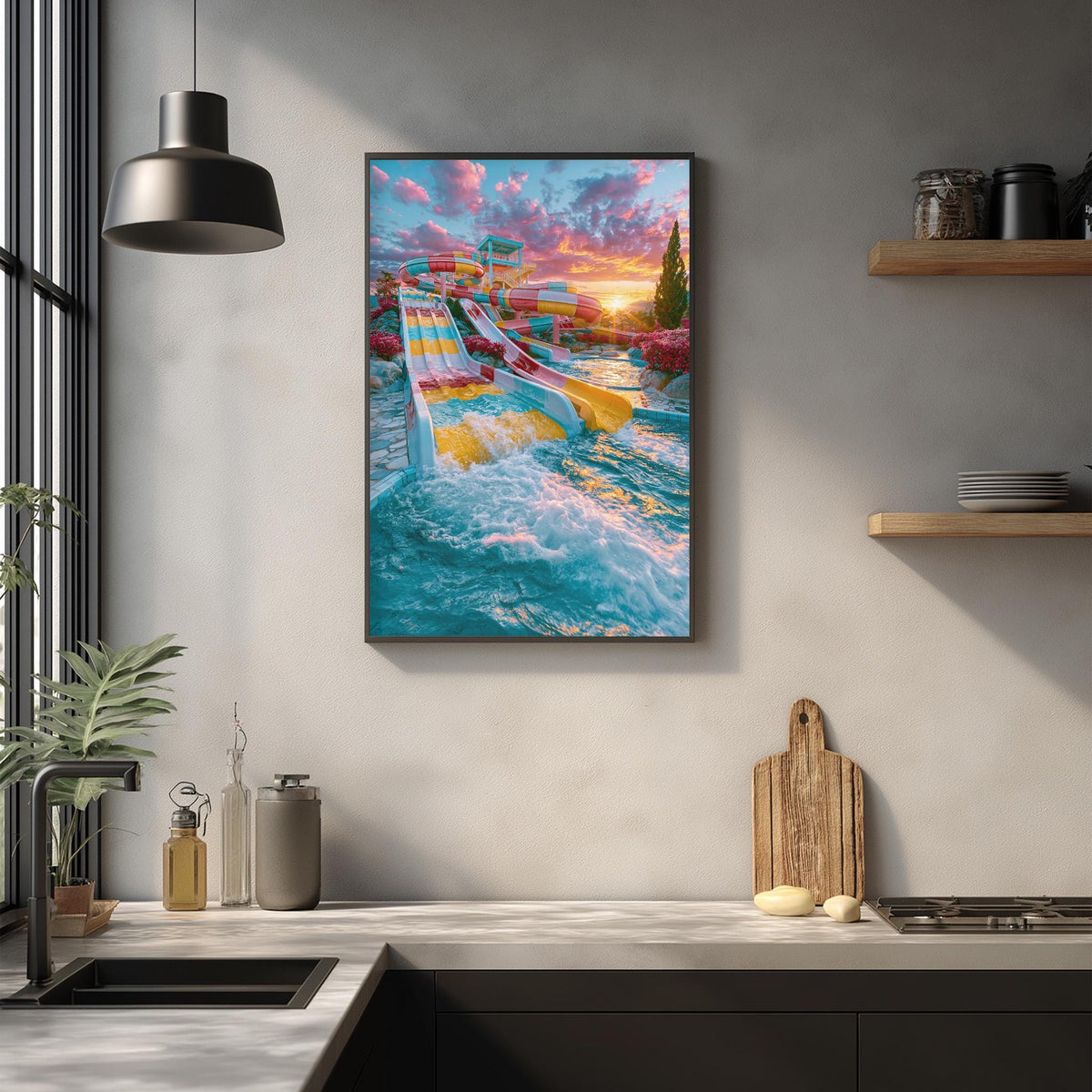 a vibrant and colorful water slide scene, with a bright and cheerful atmosphere.