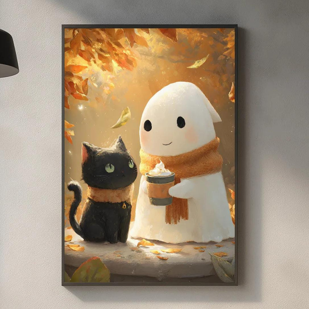 a kitchen scene with a framed illustration of a ghost and a black cat on the wall.