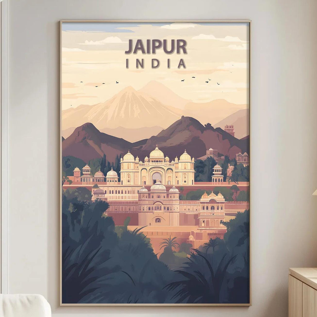 a poster of Jaipur, India, hanging on a wall in a living room.