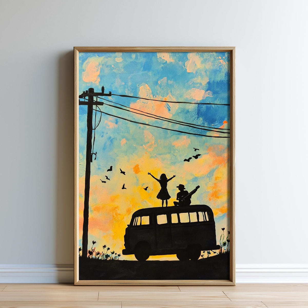 The image is a framed painting depicting a silhouette of a person standing on top of a van, with a bird flying above them, against a colorful sky background.