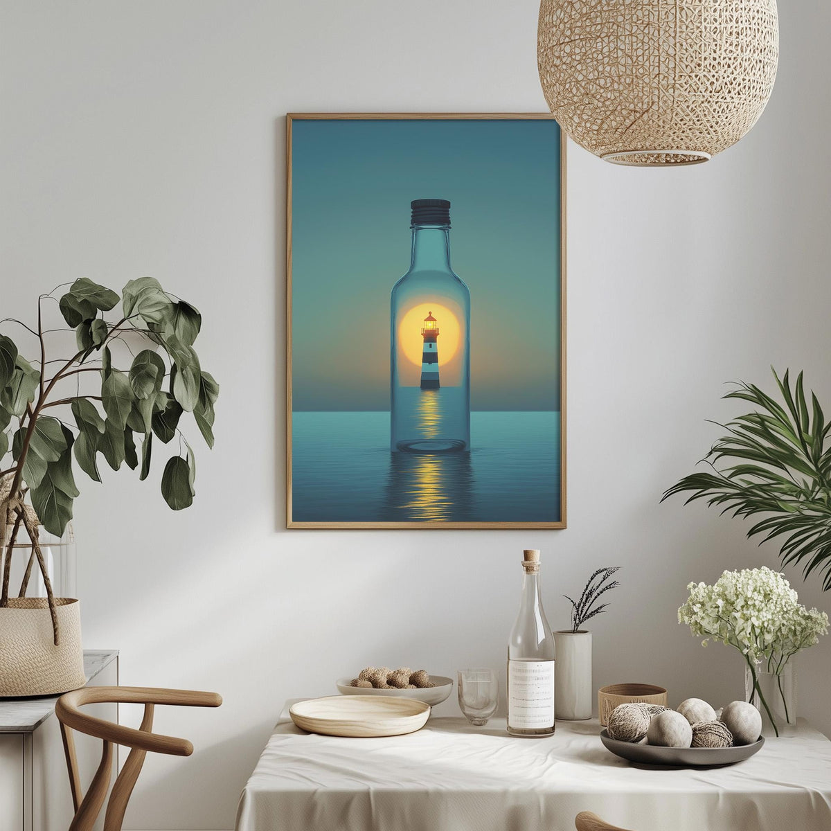 a framed artwork depicting a lighthouse inside a glass bottle, set against a serene ocean scene with a sunset. The artwork is hung on a white wall above a dining table with various decorative items, including potted plants, vases, and a bowl of fruit.