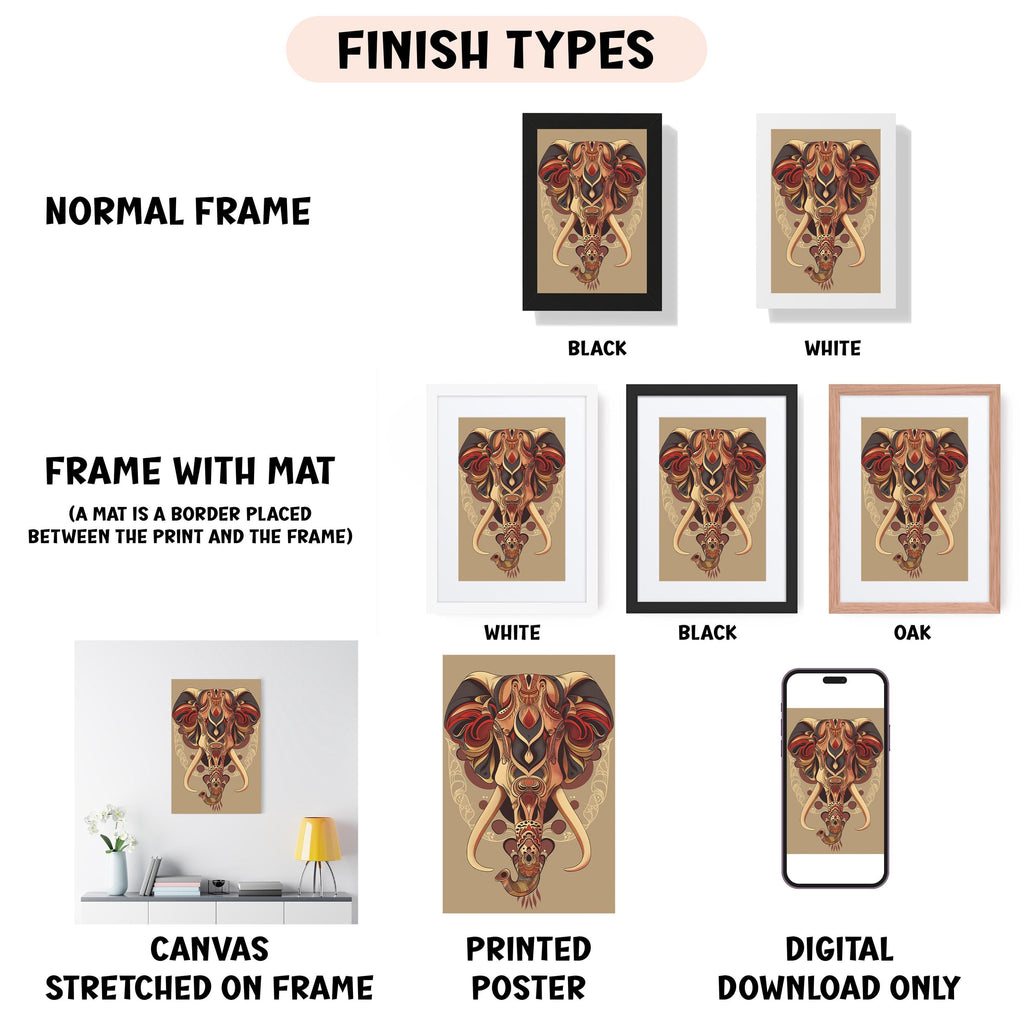 various types of artwork, including a normal frame, a frame with a mat, a white frame, a black frame, an oak frame, a canvas stretched on a frame, a printed poster, and a digital download only.