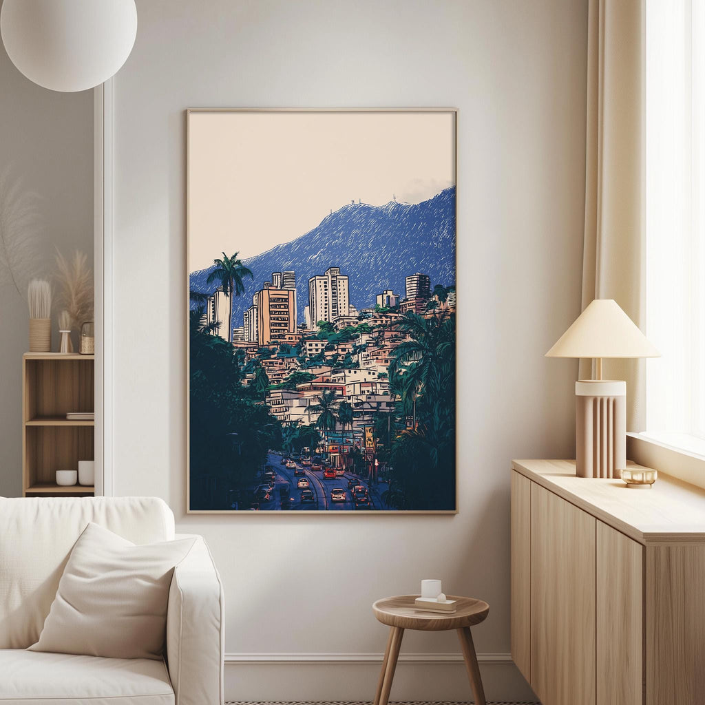 a large framed picture of a cityscape with tall buildings and palm trees, hanging on a wall in a living room.
