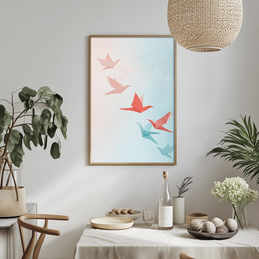 a dining table with a white tablecloth, a bowl of fruit, a bottle, and a vase with flowers. Above the table, there is a framed picture of a flock of birds in shades of pink and blue.