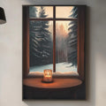 a cozy kitchen scene with a large window overlooking a snowy landscape. The window is framed by a wooden border and has a candle on the windowsill, creating a warm and inviting atmosphere. The kitchen counter is adorned with various kitchen items, including a cutting board, a bottle, and a vase, adding to the homely ambiance.