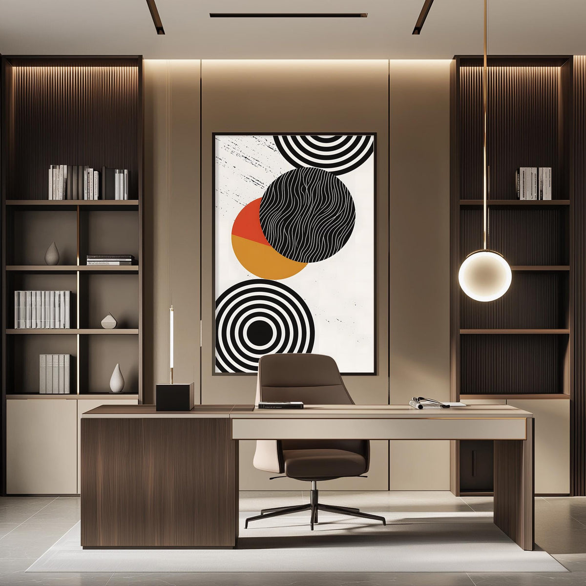 a modern and stylish office space with a large abstract painting on the wall, a wooden desk with a chair, and built-in bookshelves.