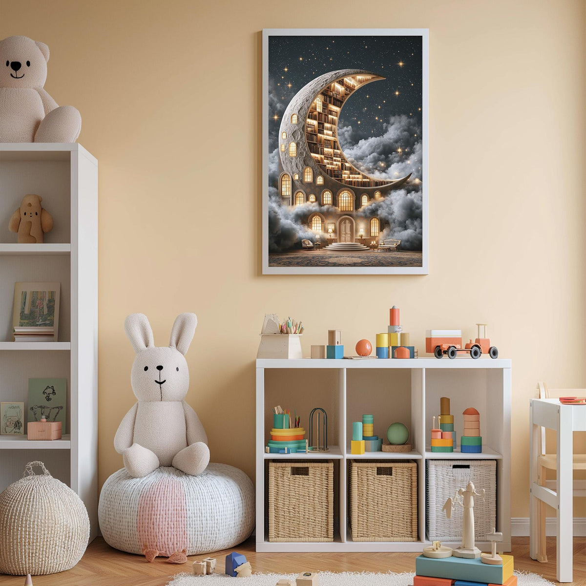 A cozy children's bedroom with a large crescent moon-shaped bed, a stuffed rabbit, and a bookshelf filled with toys and books.