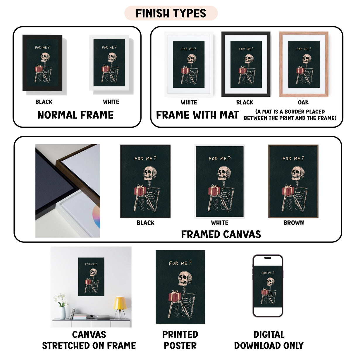 various finish types for a framed artwork featuring a skeleton with a book, including black, white, oak, and framed canvas. It also includes images of the artwork in different frames and a digital download option.