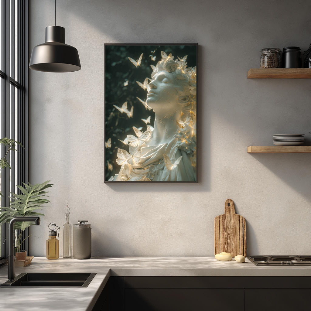 a framed photograph of a woman with a butterfly-like design on her hair, hanging on a wall above a kitchen counter.