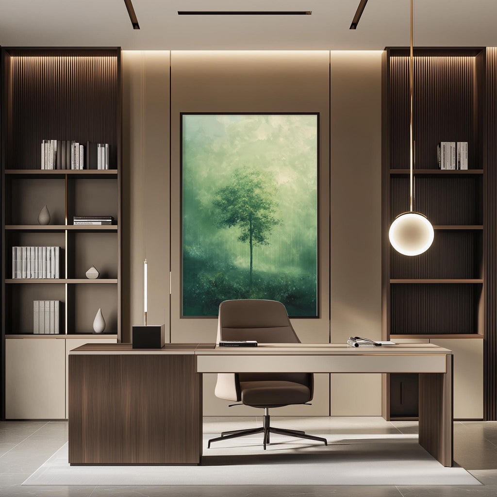 a modern and minimalist office space with a large painting of a tree on the wall, a wooden desk with a chair, and built-in bookshelves.