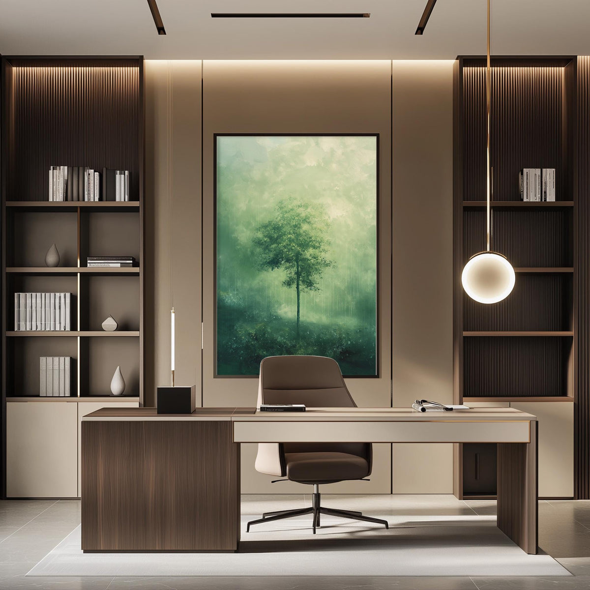 a modern and minimalist office space with a large painting of a tree on the wall, a wooden desk with a chair, and built-in bookshelves.