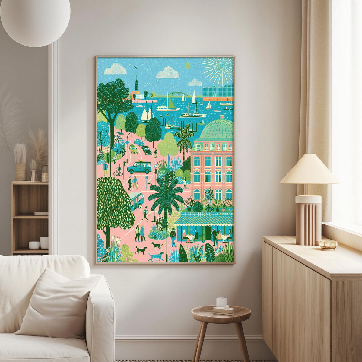 a large, colorful painting of a tropical city scene hanging on a wall in a living room.