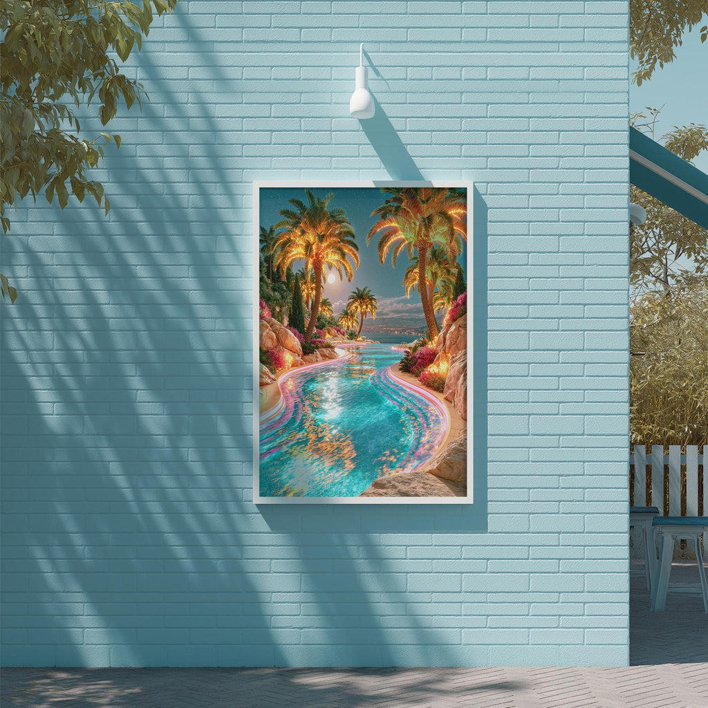 A framed painting depicting a tropical beach scene with palm trees, a turquoise pool, and a sunset over the water.