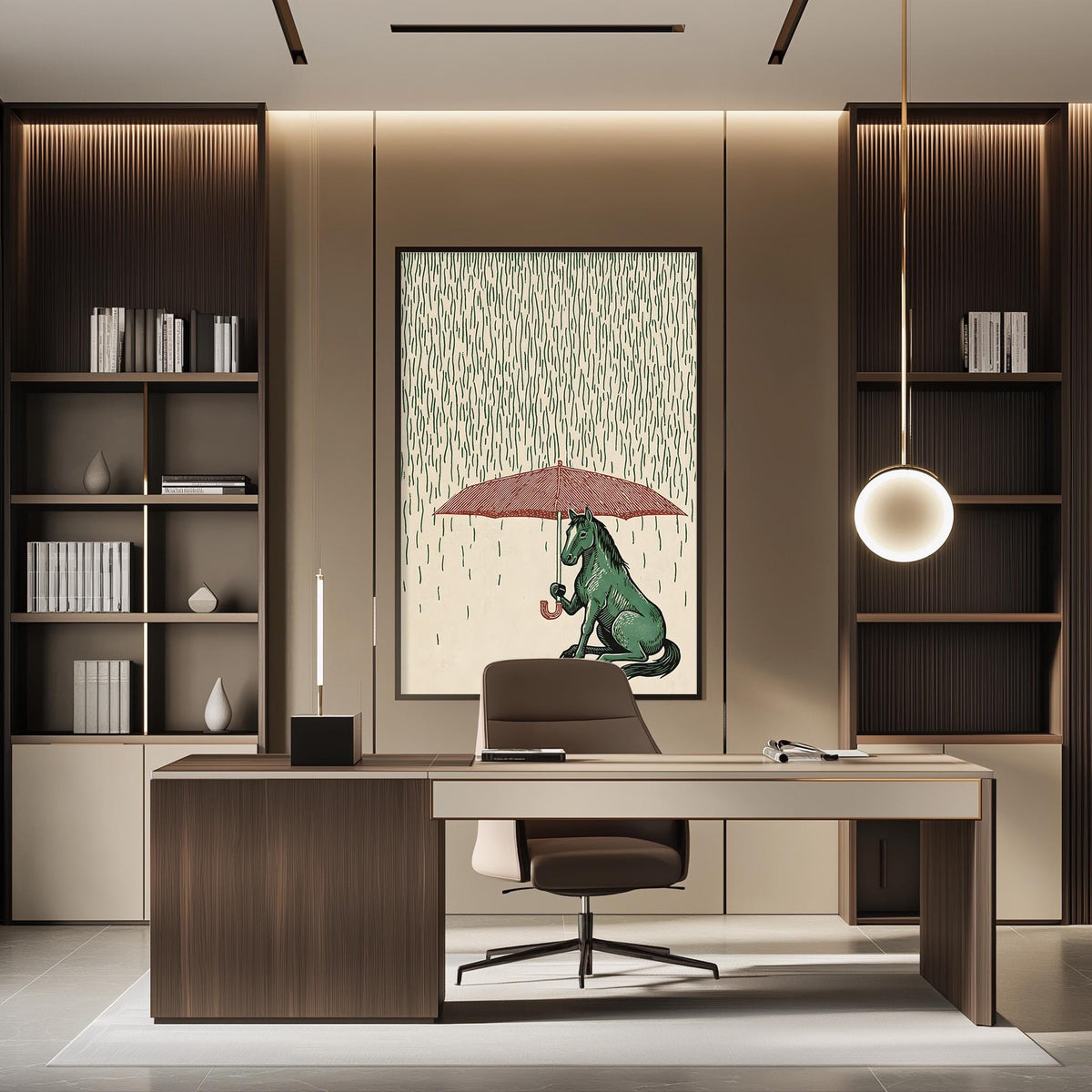 a modern office space with a large framed artwork of a green unicorn holding an umbrella, sitting on a desk in front of a bookshelf.
