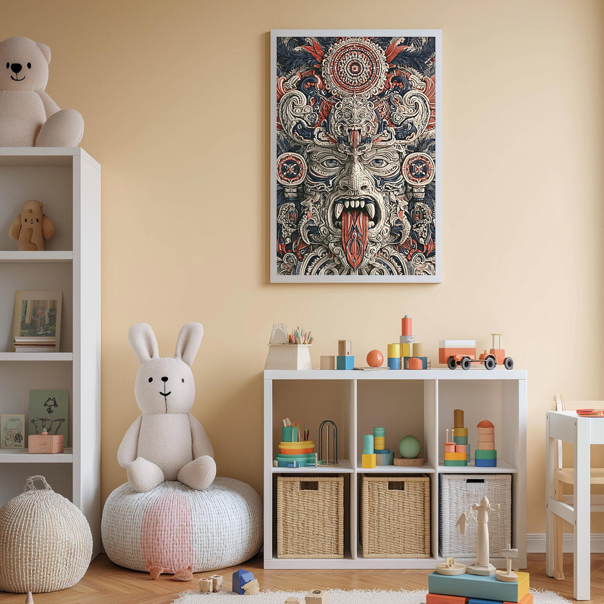 A child's bedroom with a large, colorful, abstract painting hanging on the wall, a white bookshelf filled with toys, and a white bean bag chair.