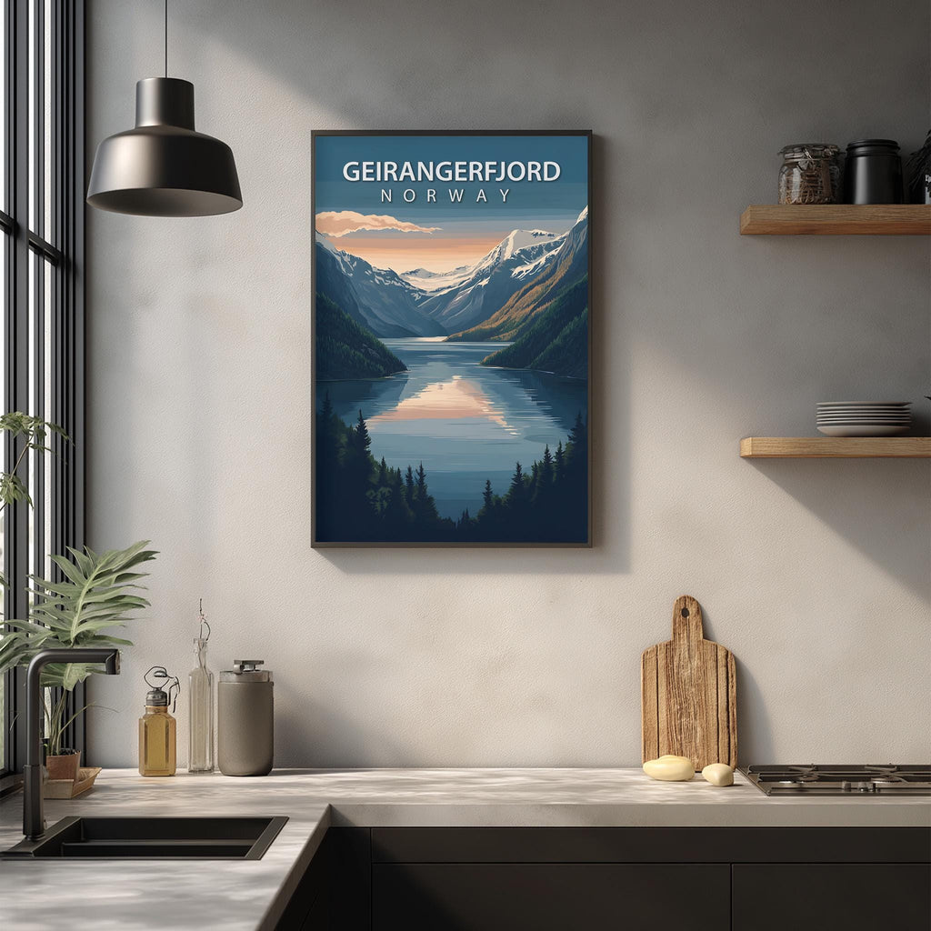 a kitchen counter with a framed poster of a scenic mountain landscape hanging above it. The poster displays the text "GEIRANGERFJORD NORWAY" and depicts a serene mountain lake surrounded by pine trees. The kitchen counter has various items on it, including a cutting board, a bottle, and a vase.