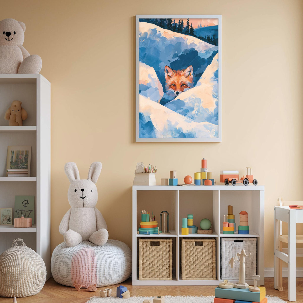 A cozy children's room with a white rabbit sitting on a bean bag chair, surrounded by a variety of toys and stuffed animals. A framed painting of a fox peeking out from a snowy landscape hangs on the wall, adding a touch of whimsy to the space.