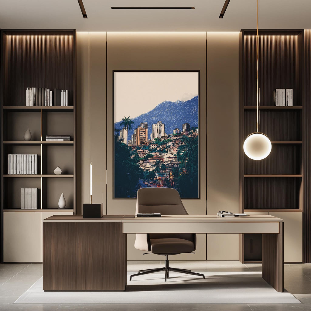 a modern and well-lit office space with a large framed picture of a cityscape hanging on the wall. The office features a wooden desk, a comfortable-looking chair, and a bookshelf filled with books. The overall design and decor create a professional and inviting atmosphere.