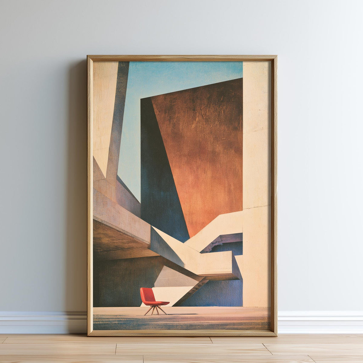 The image is a framed painting depicting a minimalist architectural scene with a red chair in the foreground.