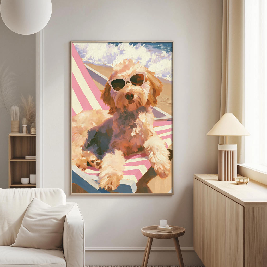 A large framed painting of a dog wearing sunglasses, sitting on a beach chair, is hanging on the wall in a cozy living room.